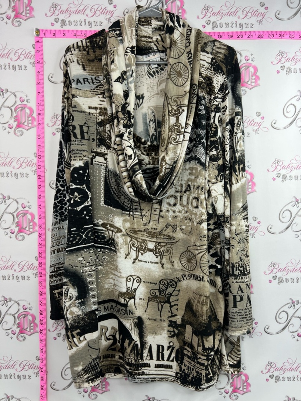 Lana Lee shirt Paris cafe magazine Cowl Neck Printed Tunic Top - Beige & Black